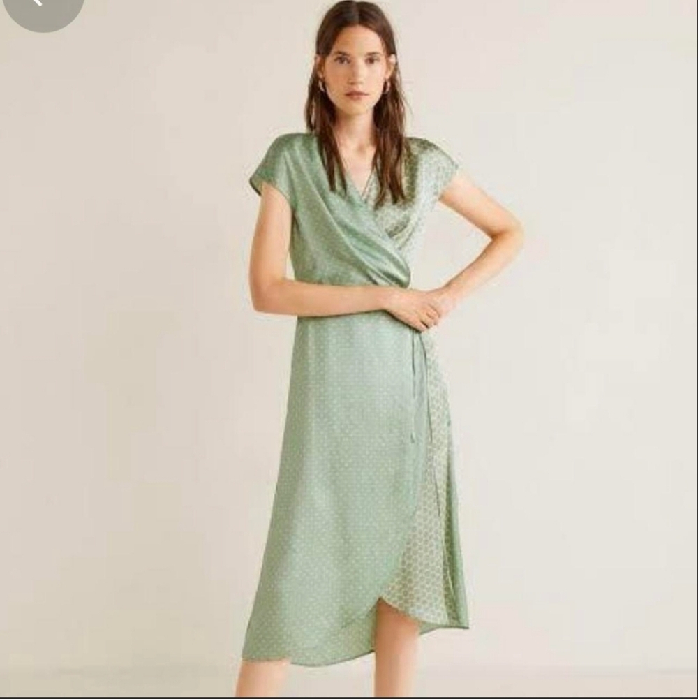 MANGO Green Satin Short Sleeve Printed Wrap Dress XS
